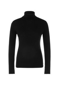 Schwarzer, langärmeliger, enganliegender Rollkragenpullover mit Daumenlöchern an den Ärmeln, auf einem weißen Hintergrund gezeigt.