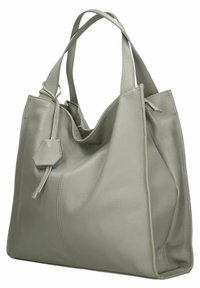 Szara skórzana torba na ramię z dwoma paskami, luźny fason i subtelne detale przeszycia. Posiada odpinany znacznik dekoracyjny.