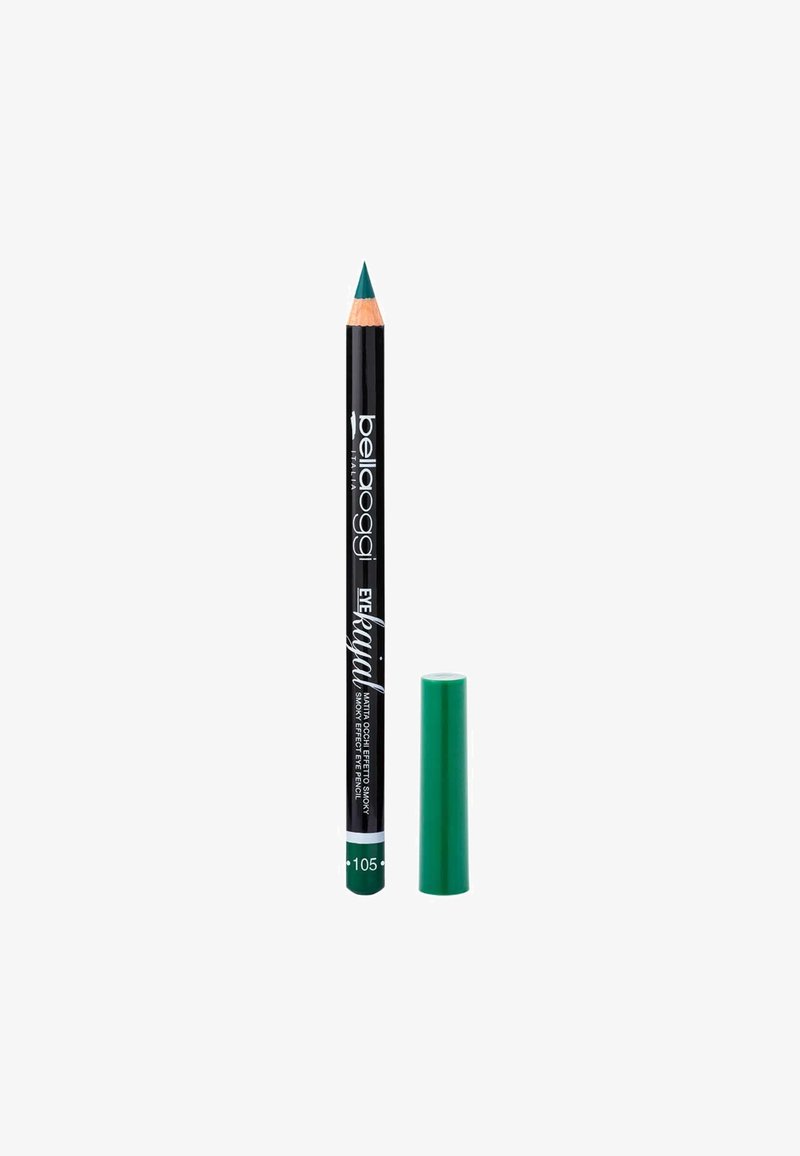 Matita verde per occhi con punta appuntita, corpo nero con testo bianco e tappo verde abbinato. Nota per la sua finitura opaca.
