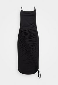Černé midi šaty na ramínka s tenkými popruhy a diagonálním řasením, které končí na jedné straně uzlem.