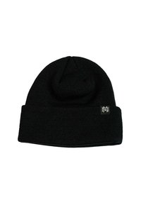 Czarna dziana czapka beanie z podwiniętym brzegiem i małą metką z logo. Posiada miękką teksturę i zwężający się kształt u góry.