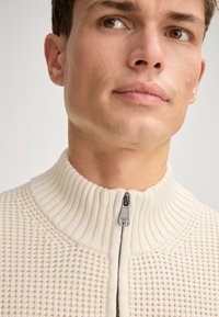 Maglione lavorato a maglia color crema con motivo strutturato, collo alto a coste e una cerniera frontale con ferramenta argentata.