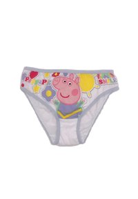 Sous-vêtements pour enfants en coton blanc avec une ceinture bleu clair, ornés d'un personnage de dessin animé coloré et de divers motifs ludiques.