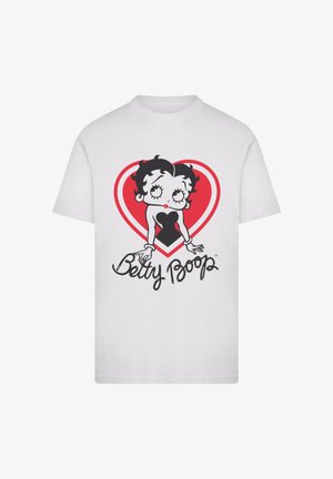 White cotton T-shirt featuring a graphic of Betty Boop in a black dress against a red heart background, with "Betty Boop" text in black.