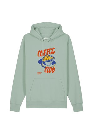Hellgrüner Hoodie mit einer Illustration von einer Kaffeetasse und einem Croissant sowie rotem Text, der vorne "Coffee Club" und "Everyday all day" lautet.