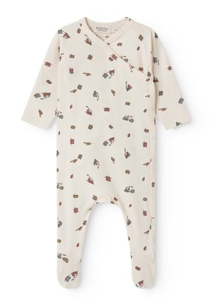 Φορμάκι μωρού σε κρεμ απόχρωση με μακριά μανίκια και καλυμμένα πόδια, καλυμμένο με μικρά πολύχρωμα σχέδια οχημάτων και φαναριών κυκλοφορίας, με κουμπώματα στο πλάι.
