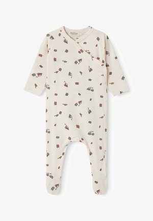 Cream-colored baby onesie with long sleeves and footies, covered in small multicolored vehicle and traffic light prints, side snap closures.