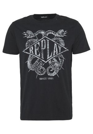 Černé bavlněné tričko s kovovým grafickým designem se slovy "REPLAY" a motivem hada, kulatý výstřih, krátké rukávy.