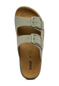 Infradito verde chiaro con due cinture regolabili e una fibbia. Suola interna morbida con una superficie marrone e testurizzata. Nome del marchio visibile.