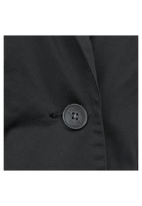 Svart tyg med en slät textur som har en svart fyra-håls knapp. Knappen är fäst vid kanten av plagget.