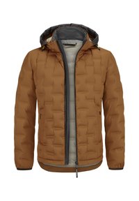 Braune Pufferjacke mit gestepptem Design, grauem Innenfutter, vorne mit Reißverschluss und verstellbarem Kapuze. Verfügt über seitliche Taschen und elastische Bündchen.