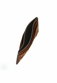 Brown leather wallet with gold studs, featuring a textured surface, dual card slots, and a sleek, compact design.