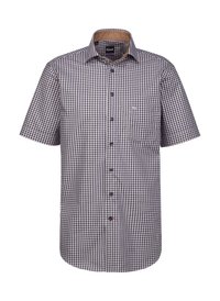 Camicia a maniche corte a quadri in tonalità blu navy, bianco e marrone. Presenta un'apertura con bottoni, colletto, tasca sul petto e orlo curvo. Materiale in cotone.