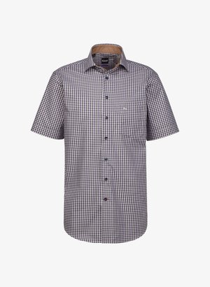 Camicia a maniche corte a quadri in tonalità blu navy, bianco e marrone. Presenta un'apertura con bottoni, colletto, tasca sul petto e orlo curvo. Materiale in cotone.