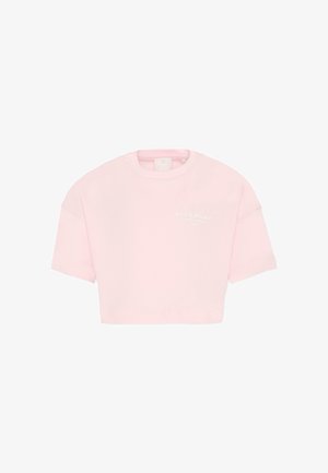 Camiseta corta de color rosa claro con mangas cortas y pequeño logo blanco "Givenchy" en el pecho izquierdo.