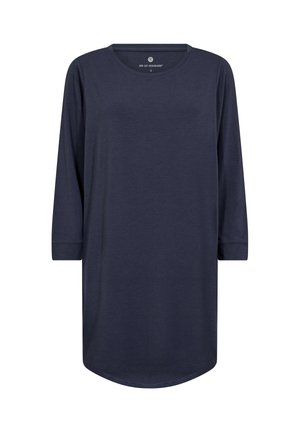 Marint blåt långärmat tunika med rund halsringning och rullade ärmslut. Mjuk material, något rundad nederkant, och inga synliga mönster eller detaljer.