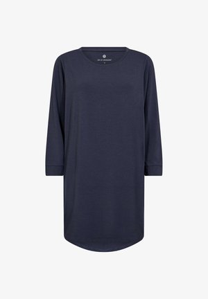 Navyblaue Langarmbluse mit Rundhalsausschnitt und umgeschlagenen Ärmelabschlüssen. Weiches Material, leicht abgerundeter Saum und keine sichtbaren Muster oder Akzente.