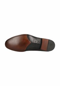 Sole di scarpa in pelle marrone con tacco nero e finitura lucida. Presenta blocchi di colore a contrasto e dettagli di cucitura sottili.