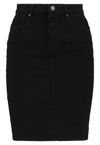 Jupe crayon en denim noir avec une silhouette ajustée, deux poches avant, une fermeture par bouton et des détails de couture subtils. Pas de motifs visibles.