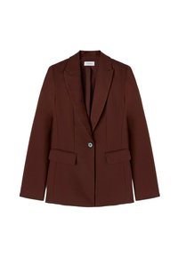 Blazer marrone a bottone singolo con rever a punta e due tasche a pattina, vestibilità sagomata, maniche lunghe e finitura in tessuto liscia.