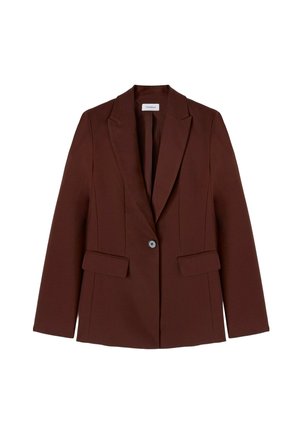 Bruine blazer met één knoop, met notch revers en twee klepzakken, slim fit, lange mouwen en een gladde stofafwerking.