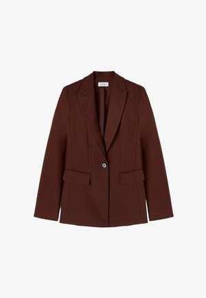 Brauner Ein-Knopf-Blazer mit Reverskragen und zwei Klappentaschen, taillierte Passform, lange Ärmel und glatte Stoffoberfläche.