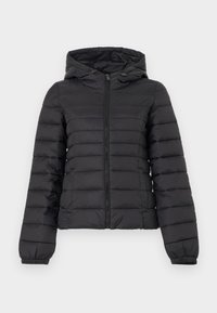 Μαύρο καπιτονέ μπουφάν με κουκούλα, εμπρόσθιο φερμουάρ, ελαστικά μανίκια και πλαϊνές τσέπες, παρουσιασμένο σε απλό φωτεινό φόντο.