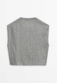 Gray sleeveless top featuring a textured fabric, angular shoulder design, and a cropped cut with a clean finish at the bottom edge.
