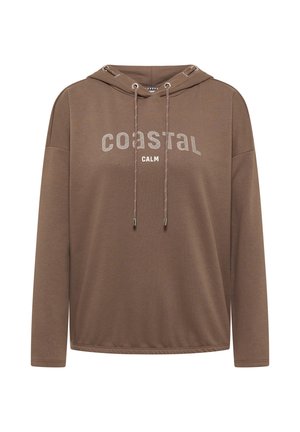 Bruine hoodie van zachte stof, met een grafische opdruk aan de voorkant met de tekst "COASTAL CALM", een capuchon met trekkoord en lange mouwen.