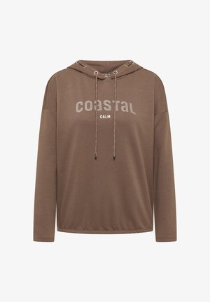 Bruine hoodie van zachte stof, met een grafische opdruk aan de voorkant met de tekst "COASTAL CALM", een capuchon met trekkoord en lange mouwen.