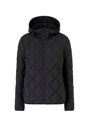 Schwarze gesteppte Jacke mit durchgehendem Frontreißverschluss, verstellbarer Kapuze mit Kordelzug und seitlichen Reißverschlusstaschen, entworfen für kaltes Wetter.