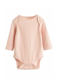 Bodysuit de bebé de manga larga en rosa claro, textura acanalada, cuello redondo, cierres de presión en la parte inferior, tejido suave.