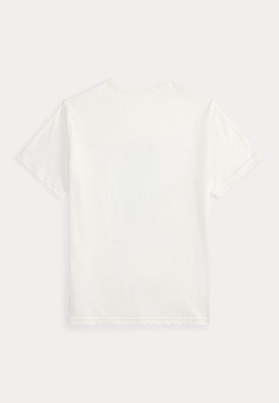 White cotton t-shirt with short sleeves, round neckline, and no visible patterns or logos, featuring a smooth texture and simple design.