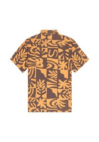 Korte mouw shirt met een bruin en oranje vierkant patroon en abstracte tropische motieven. Gemaakt van lichtgewicht stof met een relaxte pasvorm.