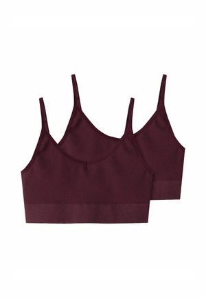 Bordeauxfarbene gerippte Bralettes im Doppelpack; mit dünnen verstellbaren Trägern und einem glatten Bund am unteren Ende. Weiches Stoffgefühl.