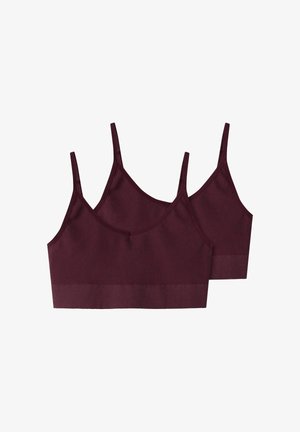 Bordeaux geboorde bralettes in een verpakking van twee; met dunne verstelbare banden en een soepele band aan de onderkant. Zachte stoftextuur.