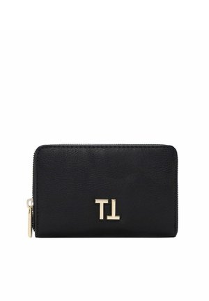 Black leather wallet with textured finish, gold hardware, and embossed "TL" logo on the front, featuring a zip-around closure.