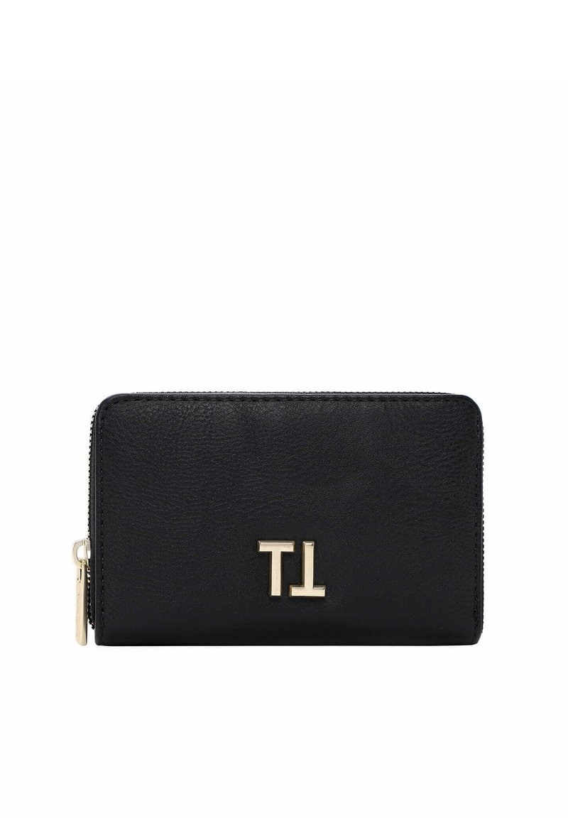 Black leather wallet with textured finish, gold hardware, and embossed "TL" logo on the front, featuring a zip-around closure.