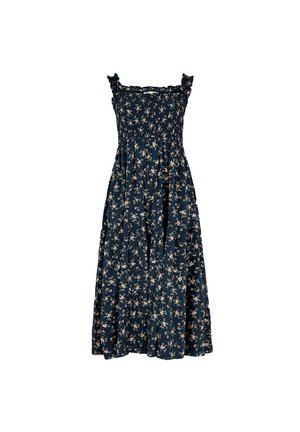 Navy blue floral midi dress with ruffled straps, smocked bodice, and flowy skirt featuring a scattered pink floral pattern.