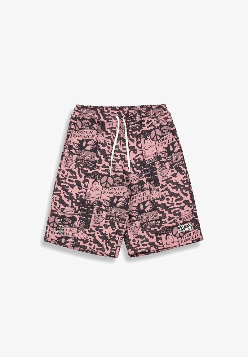 Shorts de camuflaje rosa fabricados en un tejido ligero con diversos estampados gráficos en negro y un logo blanco en la parte inferior derecha.