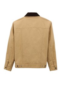 Μπεζ σακάκι εμφανιζόμενο από πίσω με σκούρο καφέ γιακά, μακριά μανίκια, μανσέτες με κουμπιά και ρυθμιζόμενες λουρίδες με κουμπιά στο τελείωμα.