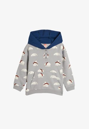 Grauer Kinderhoodie mit navyblauem Kapuzen, durchgehender Fronttasche, Knopfleiste am Hals und weißen Eisbären, die rote Schals tragen, überall bedruckt.
