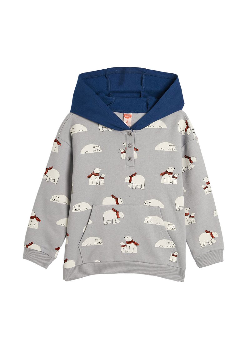 Sudadera gris para niños con capucha azul marino, bolsillo frontal, cuello abotonado y estampado de osos polares blancos que llevan bufandas rojas por toda la prenda.