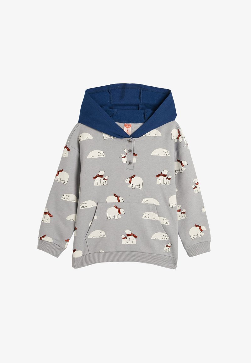 Sudadera gris para niños con capucha azul marino, bolsillo frontal, cuello abotonado y estampado de osos polares blancos que llevan bufandas rojas por toda la prenda.