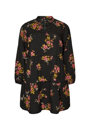 Vestito nero a maniche lunghe a balze con motivo floreale rosa e giallo, scollo rotondo e dettaglio annodato davanti.