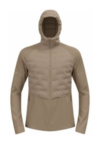 Tan jacket with a padded chest and hood. Features a full zipper, two side pockets, and sleek, smooth fabric textured panels.