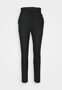 Černé pruhované kalhoty s elastickým pasem na šňůrku, úzkým střihem a měkkou texturou. Navrženy pro pohodlí a styl.