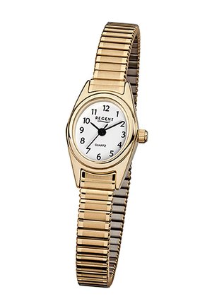 Goldfarbene Armbanduhr mit weißem Zifferblatt, schwarzen arabischen Ziffern, drei schwarzen Zeigern und einem dehnbaren Metallarmband.
