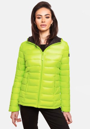 Lime green puffer jacket with a black hood, featuring a zip front, horizontal stitching, and two side pockets. Smooth, lightweight material.