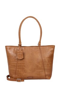 Sac fourre-tout en cuir gaufré crocodile tan avec deux poignées, strap amovible et détail de marque. Présente une texture lisse et un design structuré.